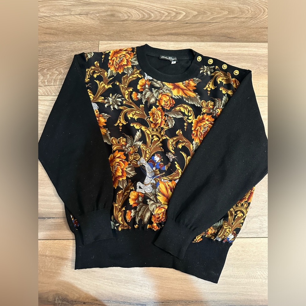 Vintage Salvatore Ferragamo floral printed long sleeve silk pullover sweater top